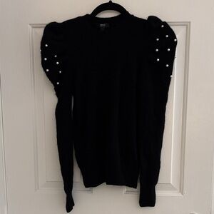Aqua Black Puff Sleeve Cashmere Sweater with Pearl Details xs